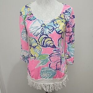 Lilly Pulitzer Womens Alia Top Shirt Fringe Multicolor‎ Pink Seashell Size XS